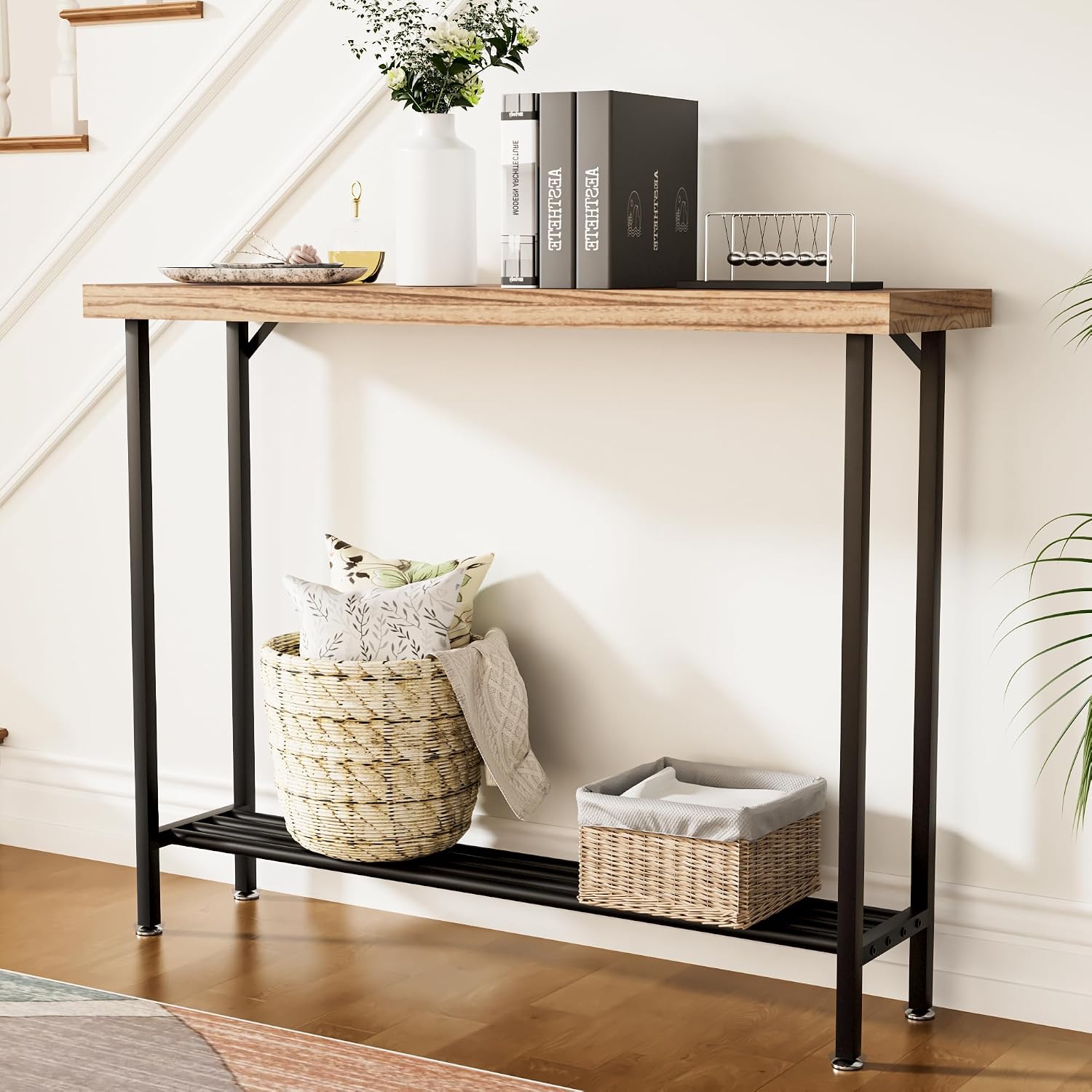 AUCT 21645 - $76 Acovy Industrial Solid Wood Console Table, 2 Tier Entryway Table with Storage Shelves, - Image 4