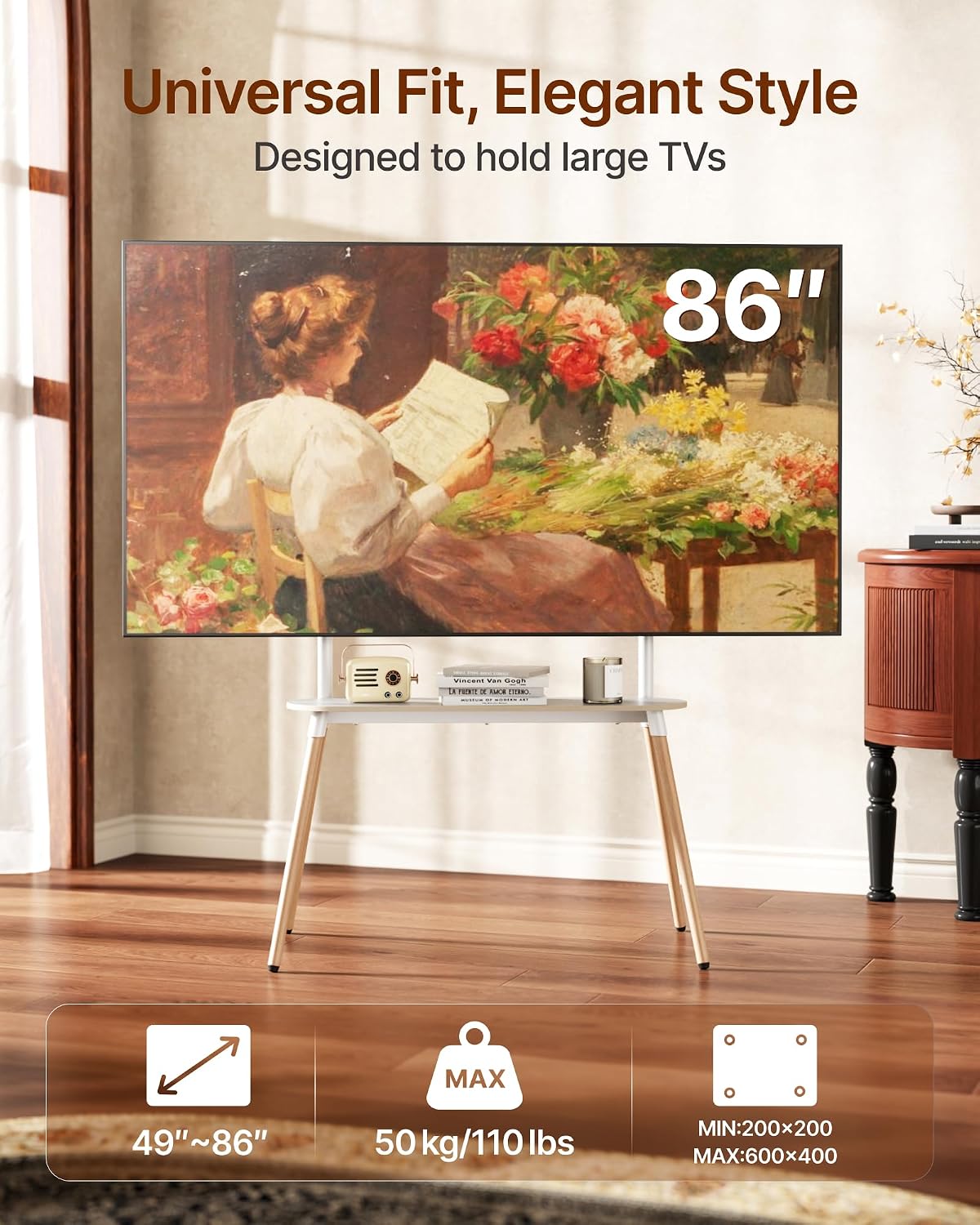 AUCT 22632 - $111 4-Leg Easel TV Stand for 49-86" TVs, 110 lbs, White - Image 2