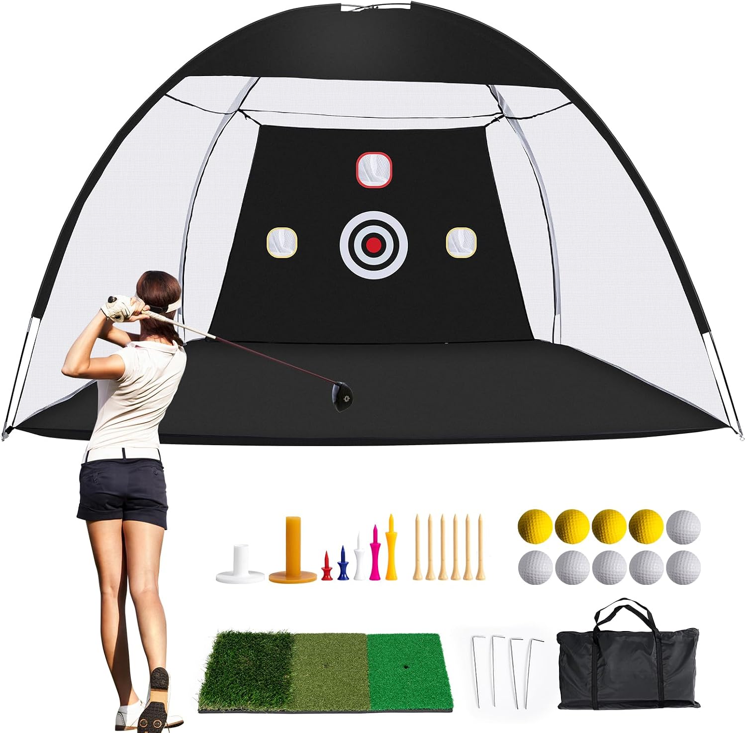 AUCT 21489 - 10 x 7ft Backyard Golf Practice Net with Mat for Indoor/Outdoor Hitting