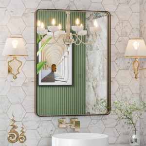 AUCT 20517m - $60 LOAAO 22"X30" Bronze Bathroom Mirrors for Vanity, Rounded Rectangle Brushed Bronze Met