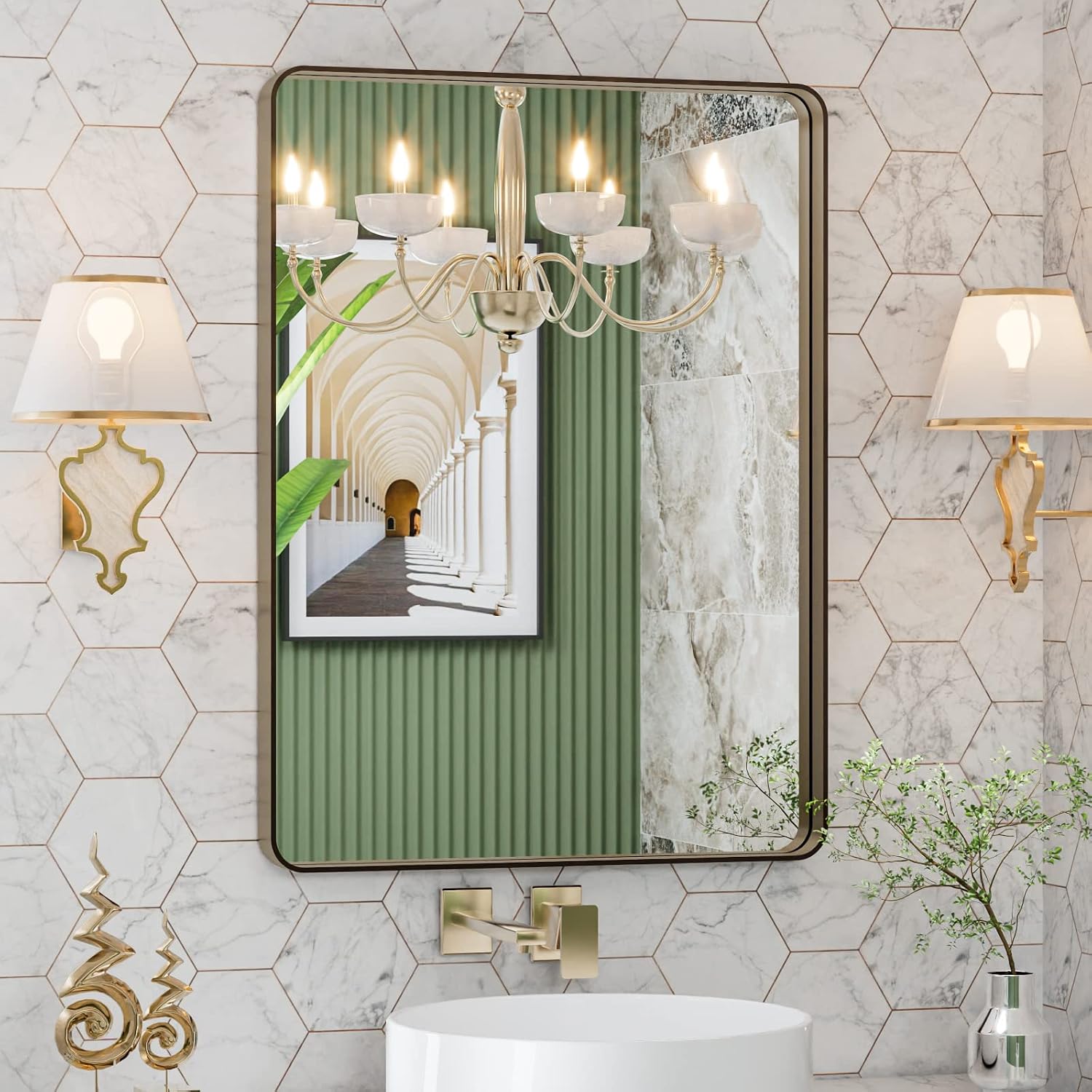 AUCT 20517m - $60 LOAAO 22"X30" Bronze Bathroom Mirrors for Vanity, Rounded Rectangle Brushed Bronze Met