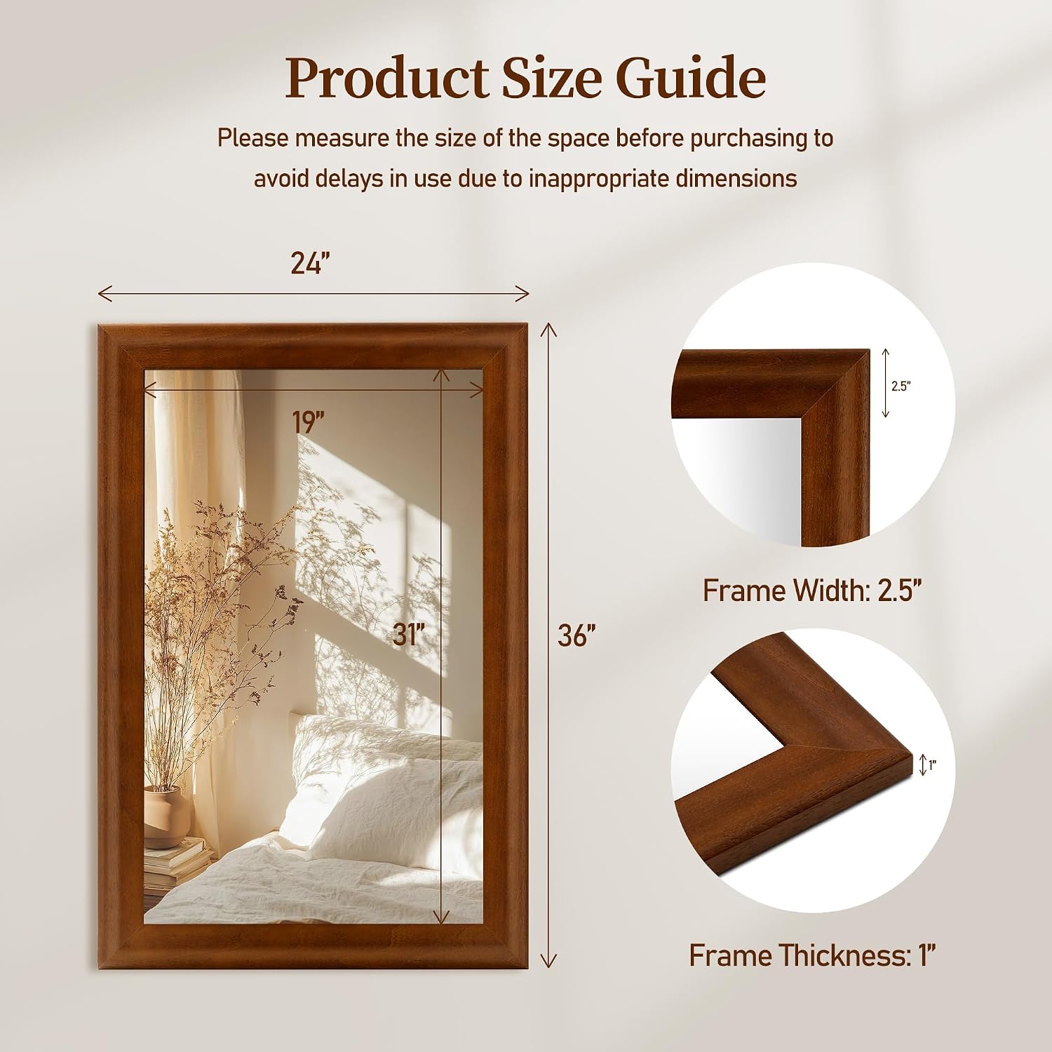 AUCT 21568m - $66 Rectangle Bathroom Mirror 24x36 Inch, Brwon Wood Grain Finish Mirrors - Image 4