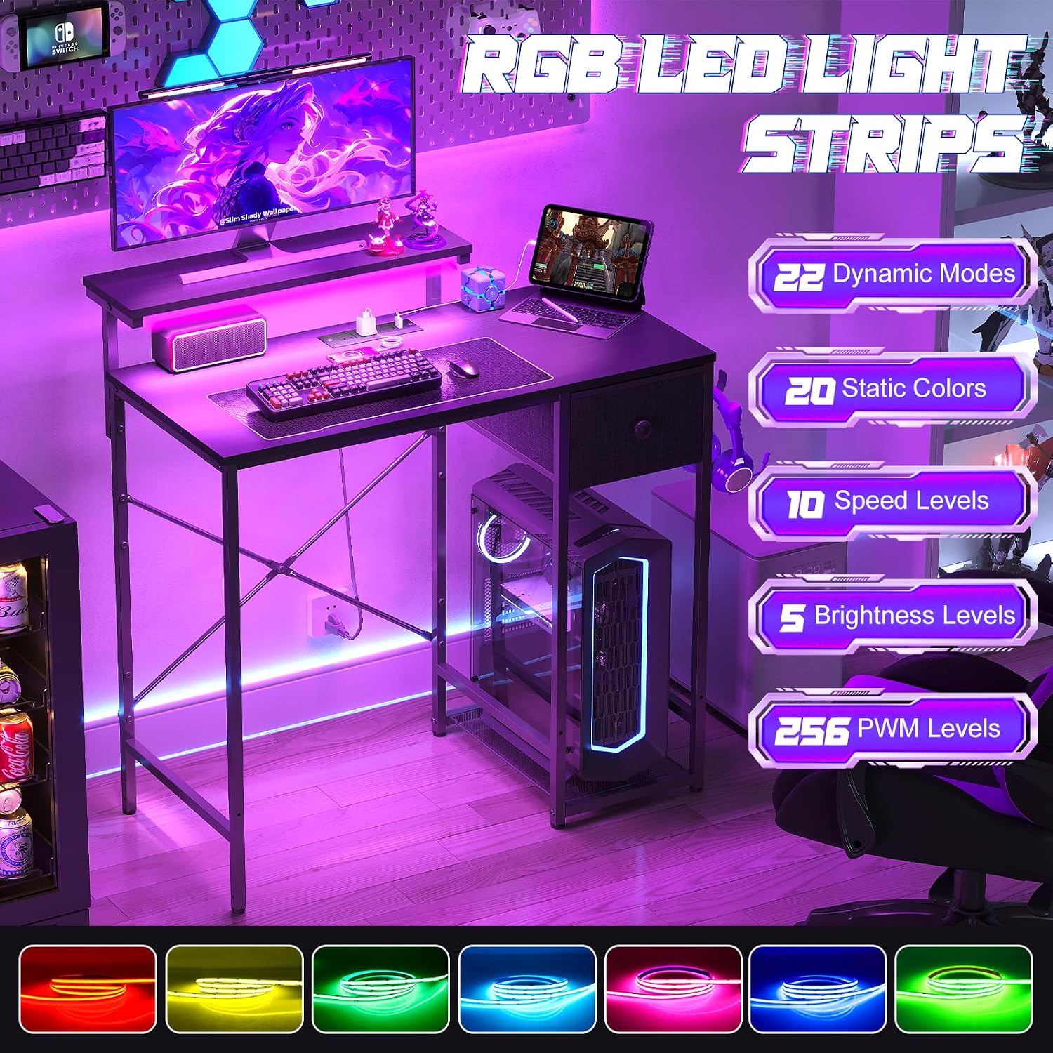 AUCT 21331 - $76 X-cosrack 33.5" Small Gaming Desk with LED Lights & Power Outlets, Compact Computer De - Image 3