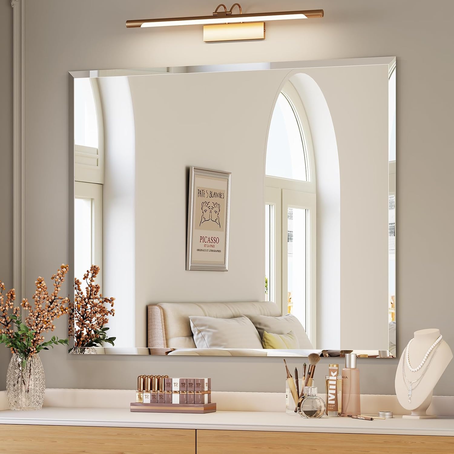 AUCT 21897m - $80 Frameless Bathroom Mirror, 30"x36" Beveled Bathroom Mirror for Vanity, Wall Mount Mirr