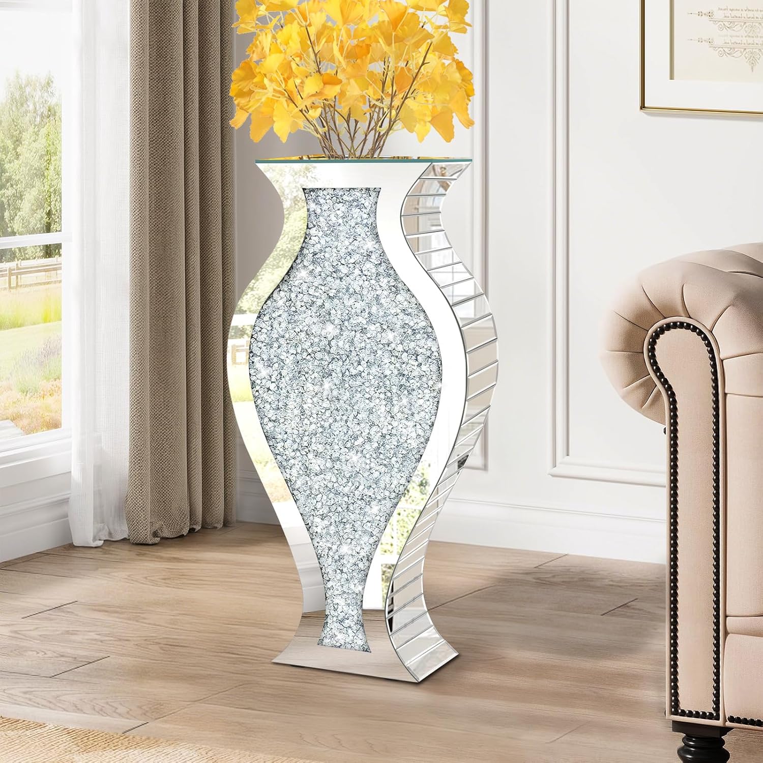AUCT 22673 - $99 27" Tall Crushed Diamond Floor Vase, Fish-Shaped Silver Large Vases for Decor Living R
