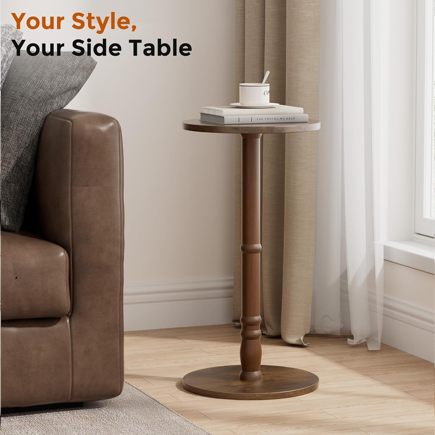 AUCT 20930 - Homleke Round Side Table with Solid Wood Pillar, Small Drink Table - Image 4