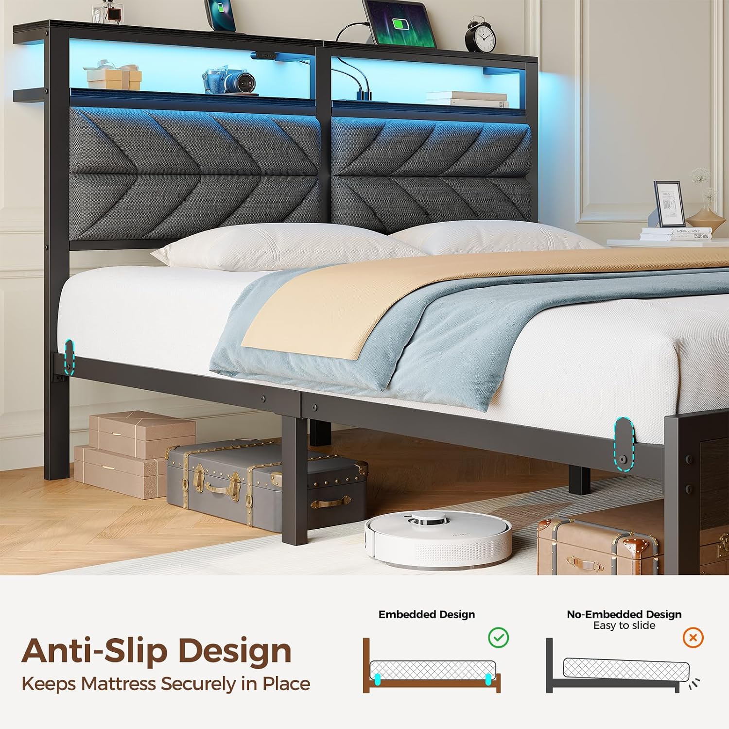 AUCT 22582 - $89 Seventable Bed Frame Twin Size with Charging Station LED Lights & Upholstered Storage - Image 3