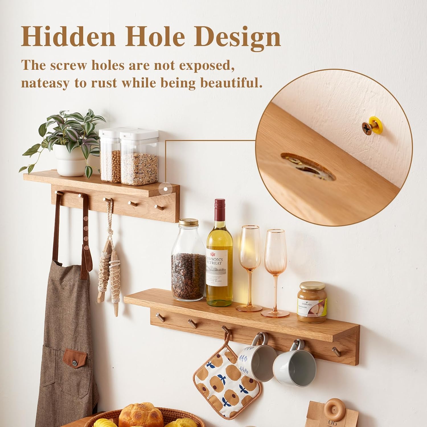 AUCT 22527 - Oak Wood Coat Rack Wall Mount With Shelf 20 Inch Long, 5 Hooks, Floating Entryway Wall She - Image 2