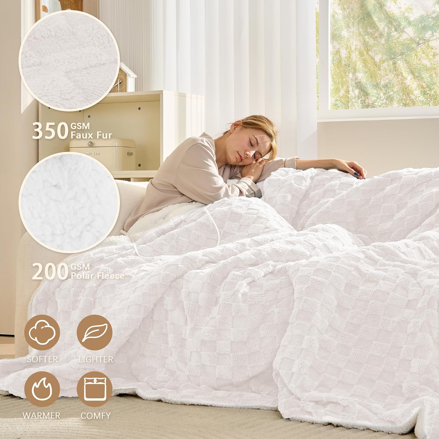 AUCT 22652 - $58 Heated Blanket Full 72" x 84", Checked Electric Blanket, White - Image 2