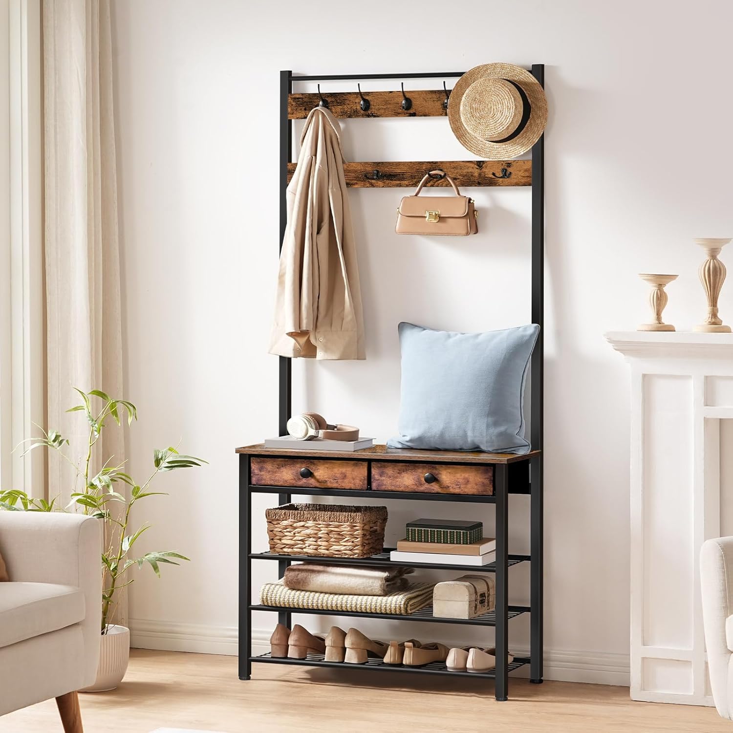 AUCT 21629 - $90 HOOBRO Hall Tree, Entryway Coat and Shoe Rack, 2 Fabric Drawers, Hall Tree with Bench, - Image 3