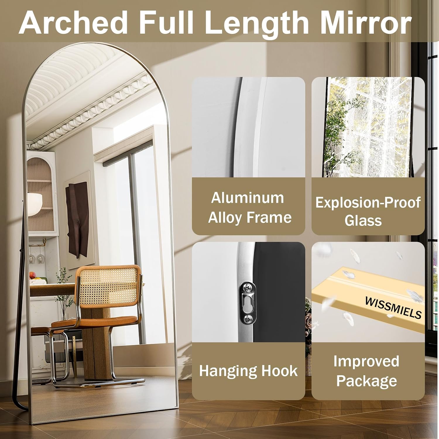 AUCT 22577m - $58 57" x 20" Arched Full Length Mirror - Wall Mounted/Floor Mirror Aluminum Alloy Frame F - Image 4