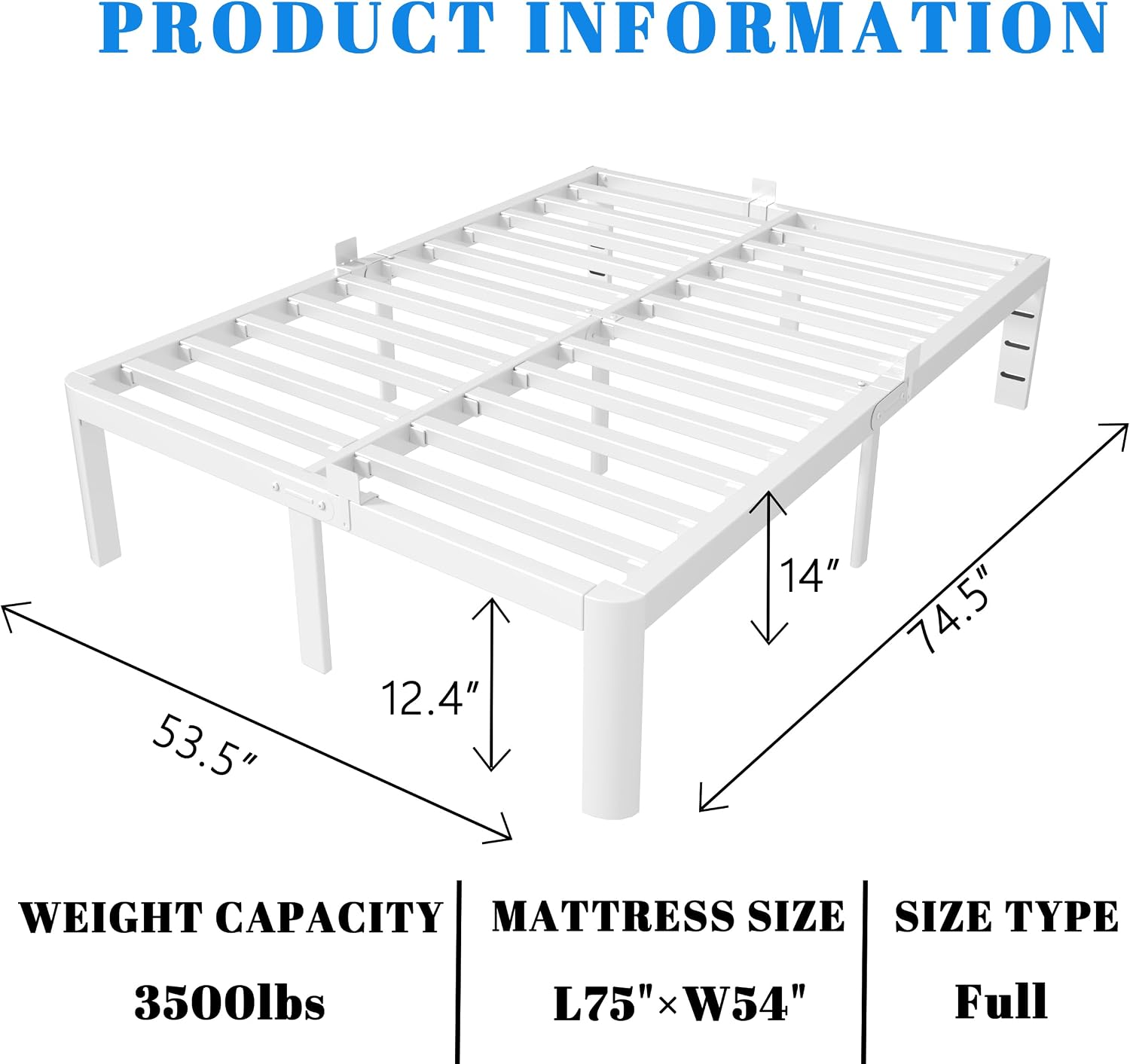 AUCT 22560 - $113 14 Inch Full Bed Frame with Metal Gasket, White Double Bed Base - Image 2