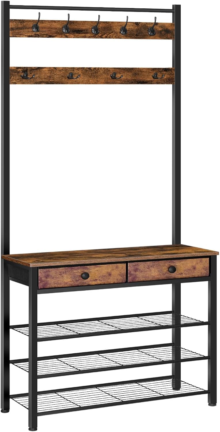 AUCT 21629 - $90 HOOBRO Hall Tree, Entryway Coat and Shoe Rack, 2 Fabric Drawers, Hall Tree with Bench,