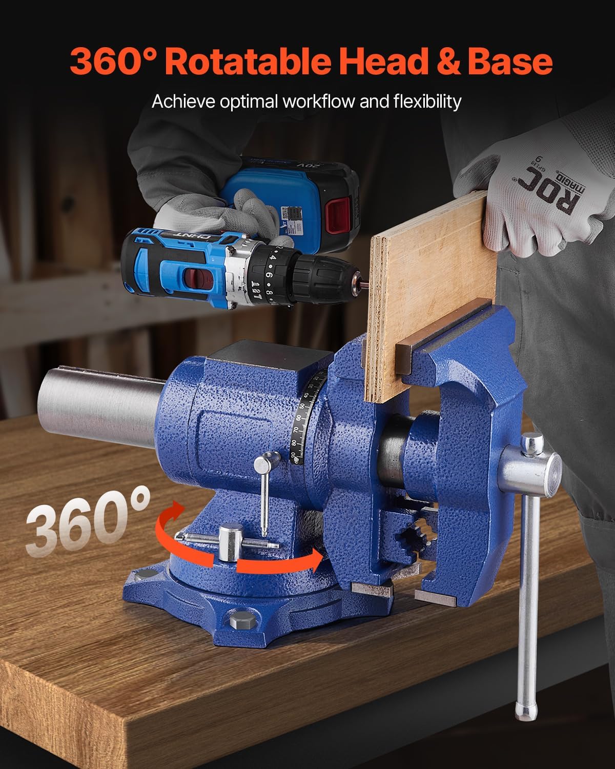 AUCT 22495 - $105 VEVOR Bench Vise, 6.5" Jaw Width, 360-Degree Swivel Base, Rotate Clamp - Image 4