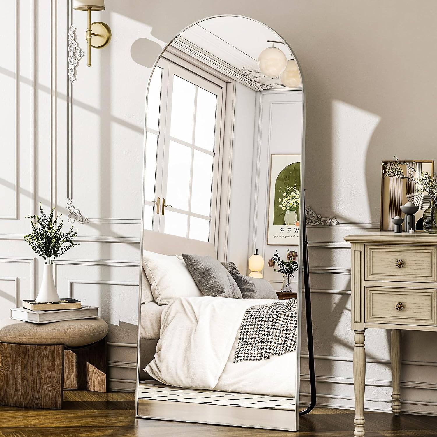 AUCT 22577m - $58 57" x 20" Arched Full Length Mirror - Wall Mounted/Floor Mirror Aluminum Alloy Frame F - Image 3