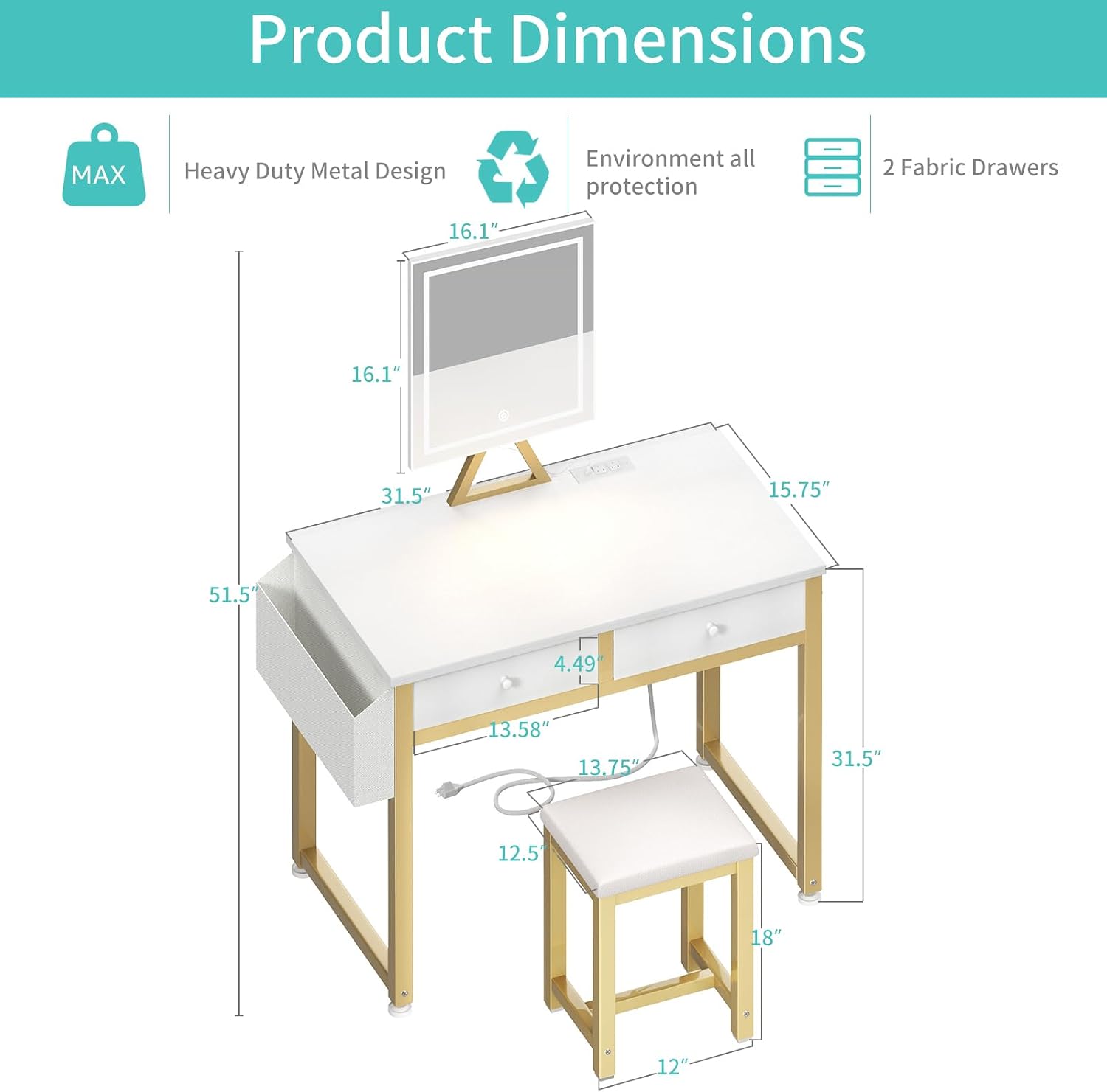 AUCT 20998 - $115 Lufeiya Small Makeup Vanity Desk with Mirror and Light, 32 inch White Vanity Desks Se - Image 3