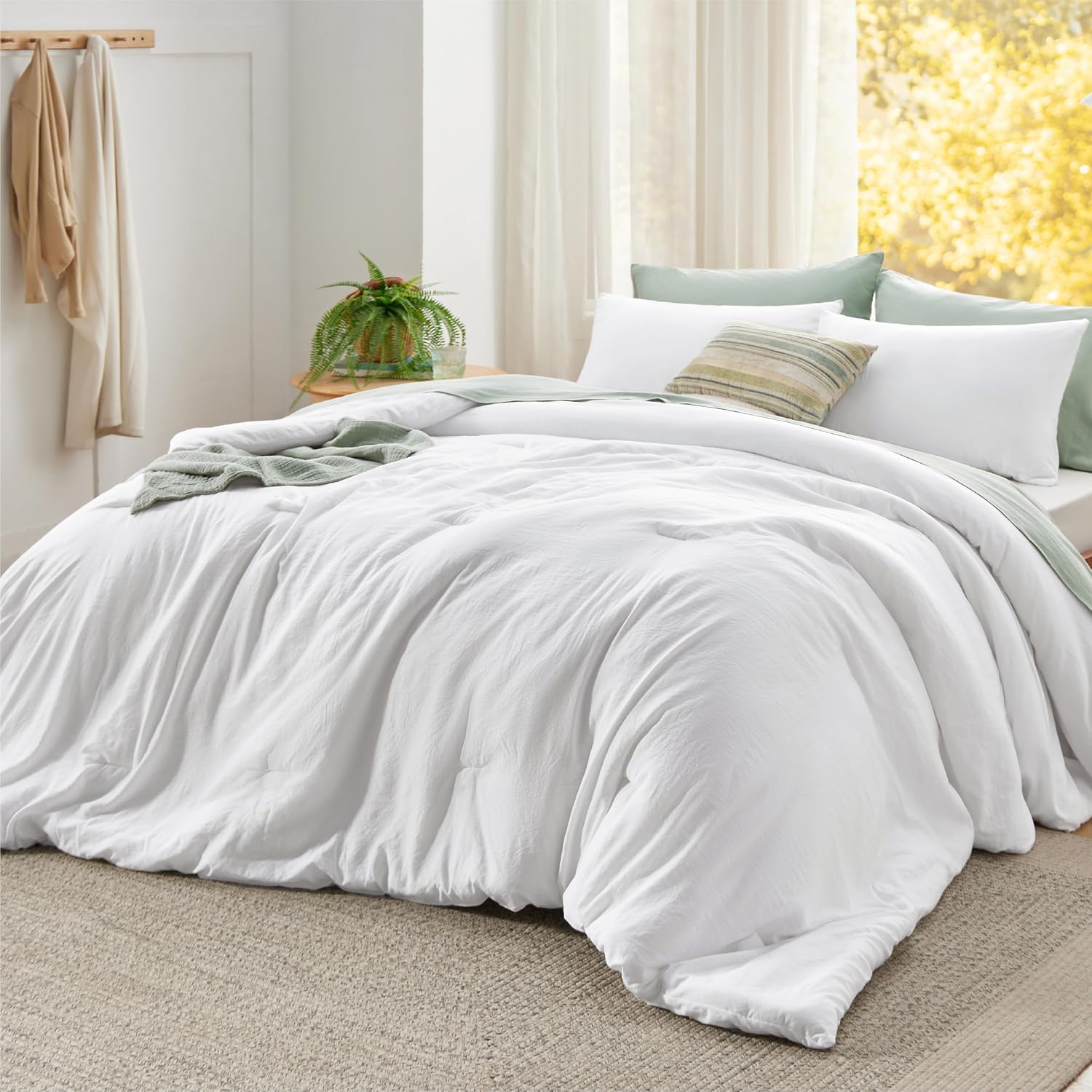 AUCT 20955 - $120 Bedsure Super King Plus Comforter Set Prewashed Soft 3Pcs White 128"x120"