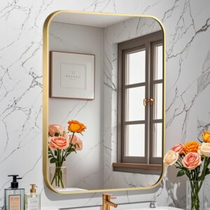 AUCT 21616m - $90 Brushed Gold Mirror, 30"x36" Rectangle Bathroom Mirror, Metal Frame Rectangle Corner V