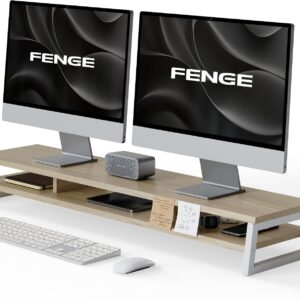 AUCT 21065 - $90 Fenge Dual Monitor Riser for Desk, Open Shelf with 3 Storage Compartments