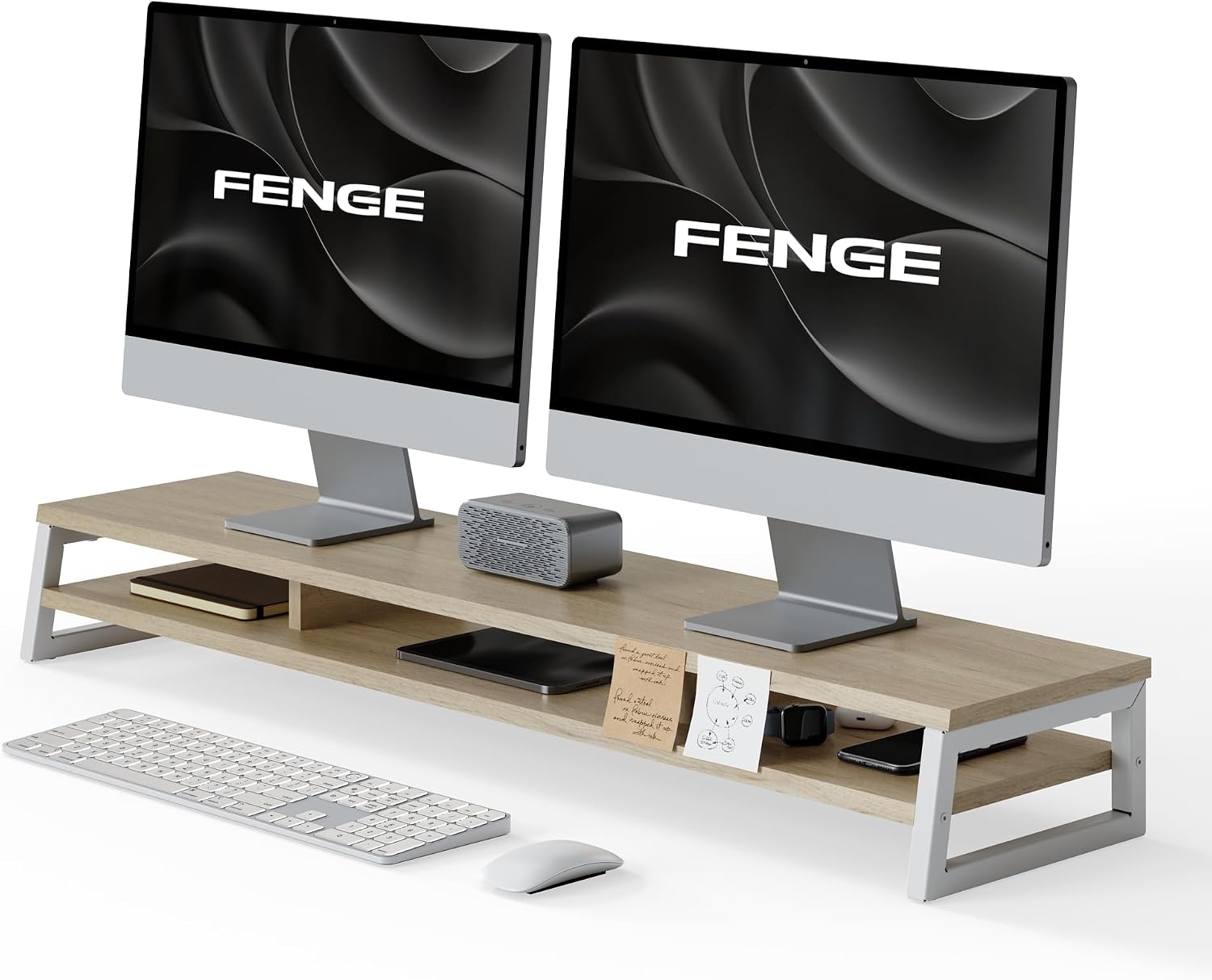 AUCT 21065 - $90 Fenge Dual Monitor Riser for Desk, Open Shelf with 3 Storage Compartments
