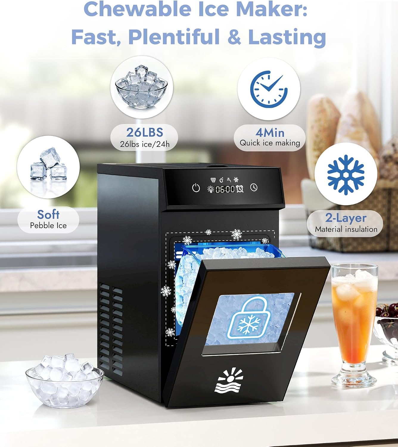 AUCT 22509 - $200 Nugget Ice Maker Countertop, Smart Pebble Ice maker with LCD Panel, 4min Making, 26lb - Image 2