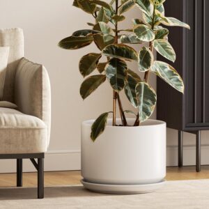AUCT 21911 - $55 LE TAUCI 12 Inch Pots for Plants, Ceramic Planter with Saucer, White