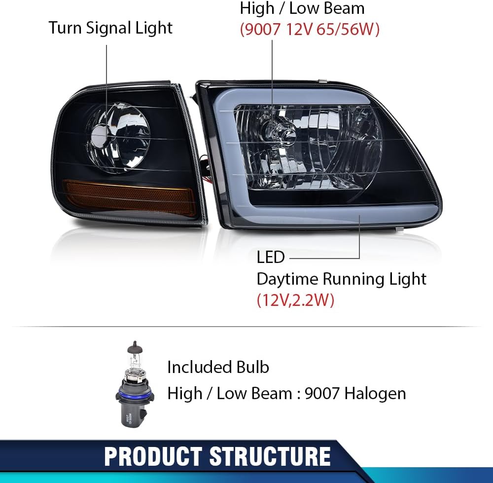 AUCT 20888 - $110 PIT66 Headlights Assembly Pair LED DRL Fit 1997-2003 Ford F150, 98-99 F250 - Image 4