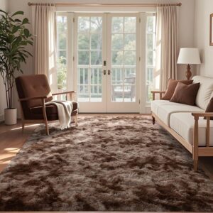 AUCT 20326 - $137 9x12 Ft Extra Large Shag Brown Area Rug for Living Room, Tie-Dyed Ultra Soft Fluffy F