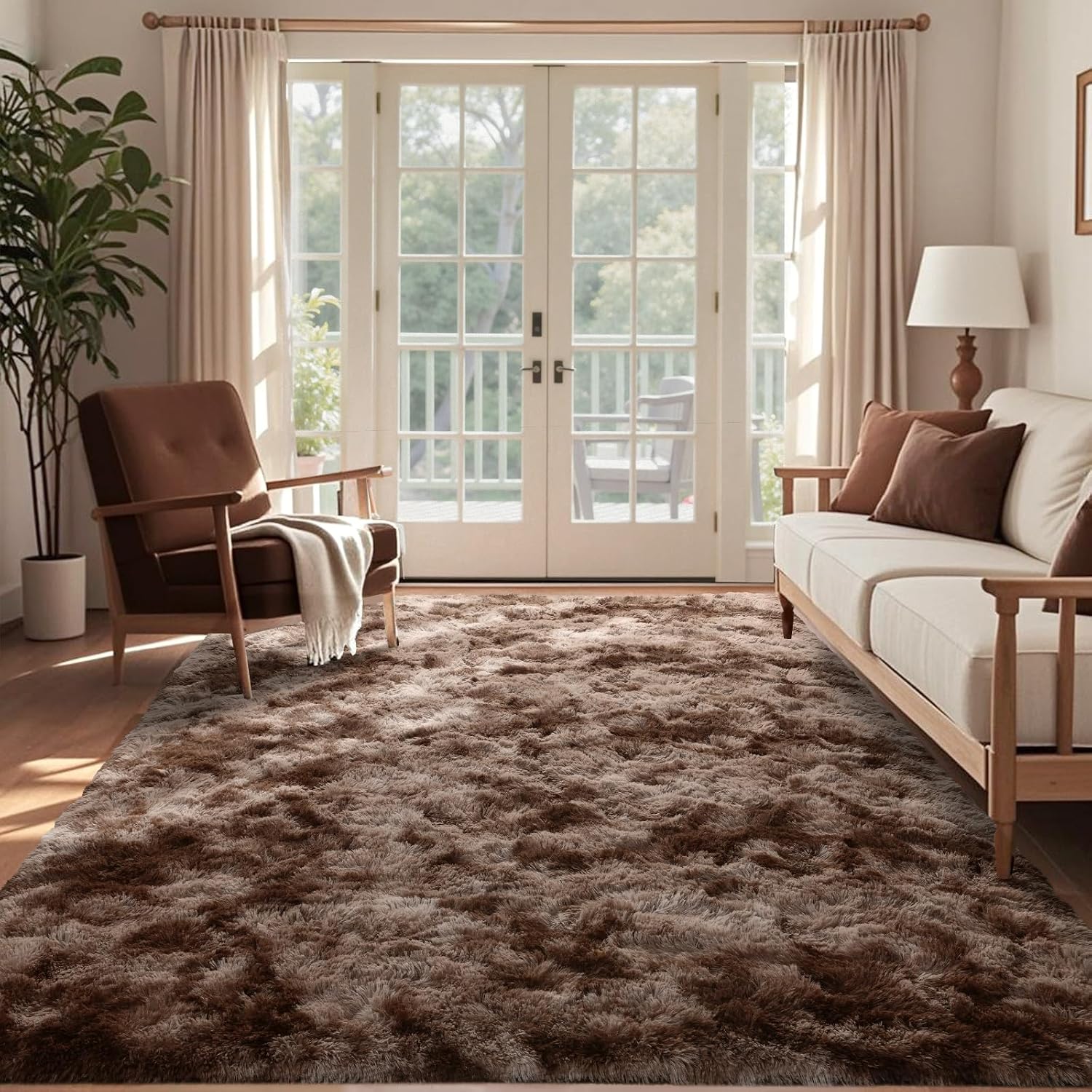 AUCT 20326 - $137 9x12 Ft Extra Large Shag Brown Area Rug for Living Room, Tie-Dyed Ultra Soft Fluffy F