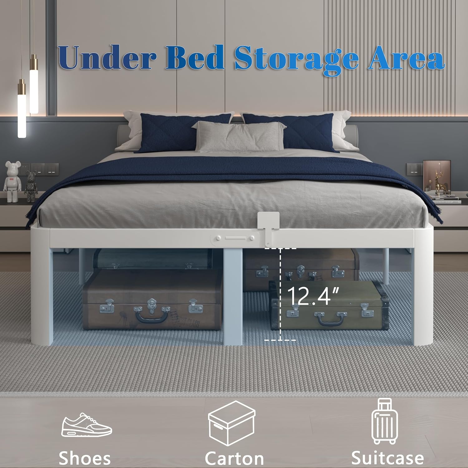 AUCT 22560 - $113 14 Inch Full Bed Frame with Metal Gasket, White Double Bed Base - Image 3