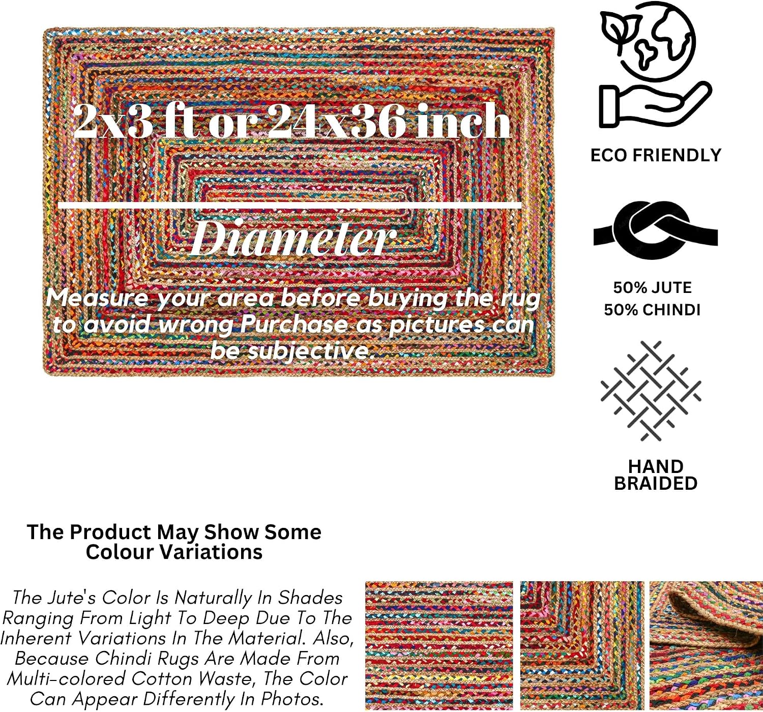 AUCT 21574 - $156 2'x3' Hand Woven Jute Chindi Area Rug - Colorful Boho Rugs - Image 4