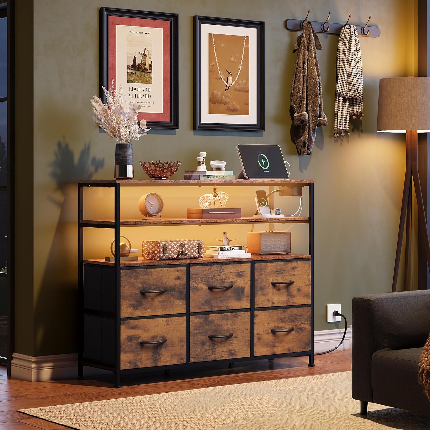 AUCT 20978 - $53 WLIVE TV Stand for 45" TV, 6 Fabric Drawer with LED, Rustic Brown - Image 3
