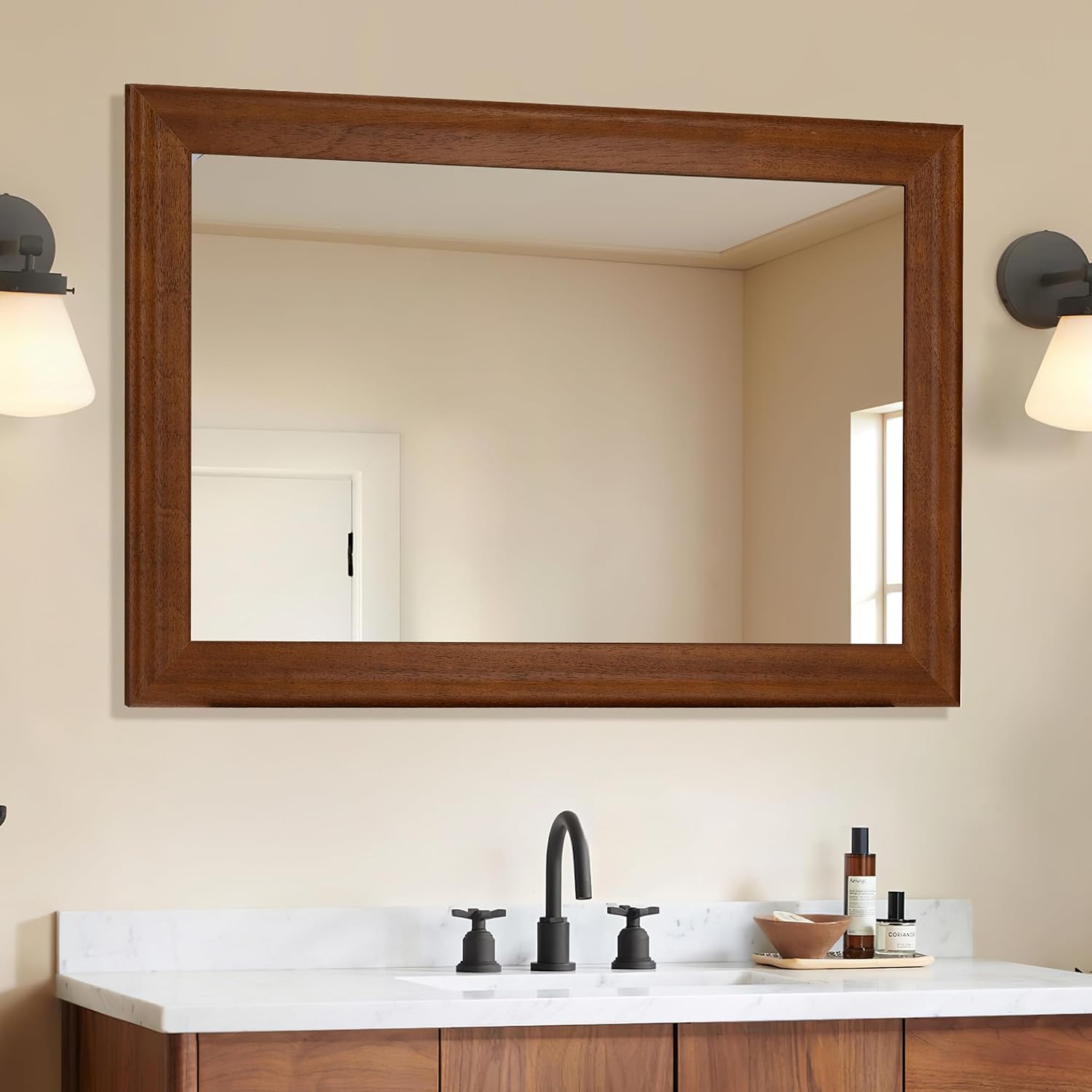 AUCT 21568m - $66 Rectangle Bathroom Mirror 24x36 Inch, Brwon Wood Grain Finish Mirrors - Image 2