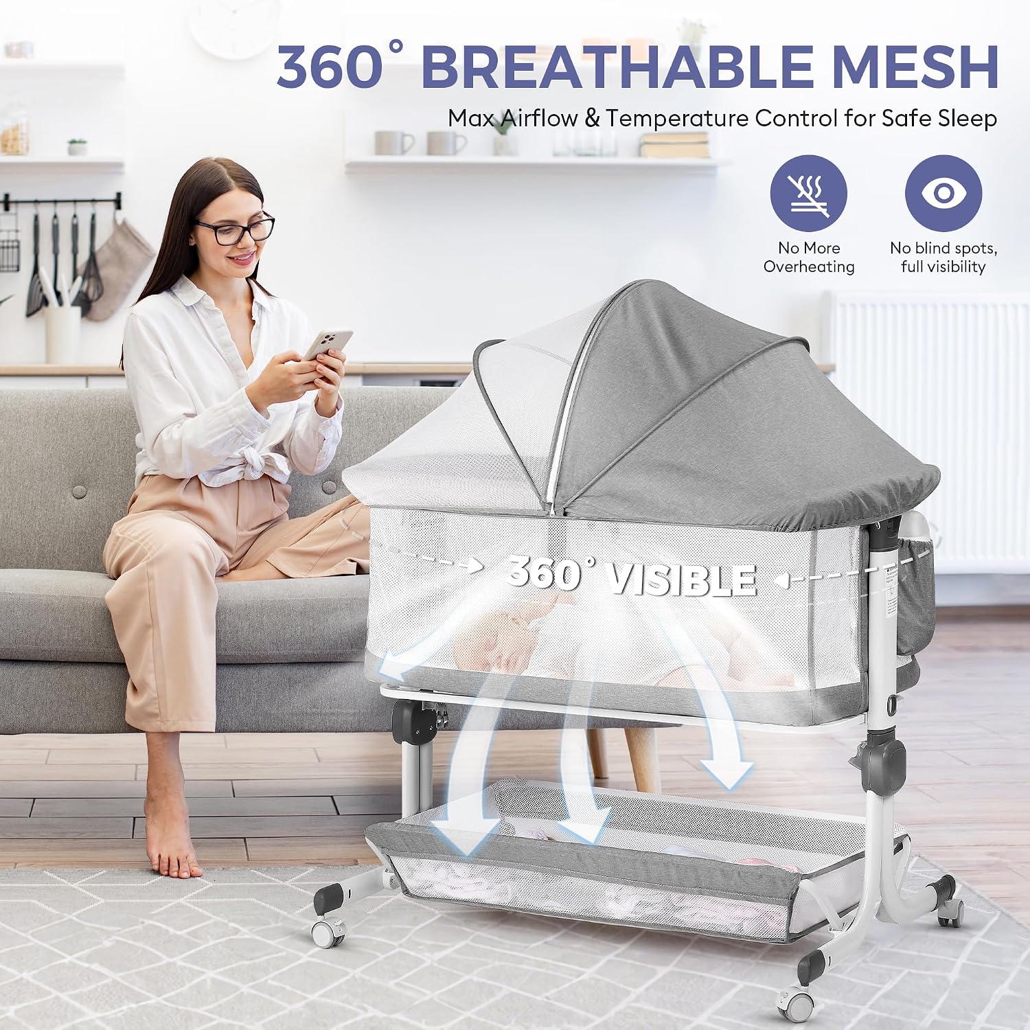 AUCT 22363 - $146 MOMFANN Baby Bassinet Bedside Sleeper with Full Mesh Sides - Image 2