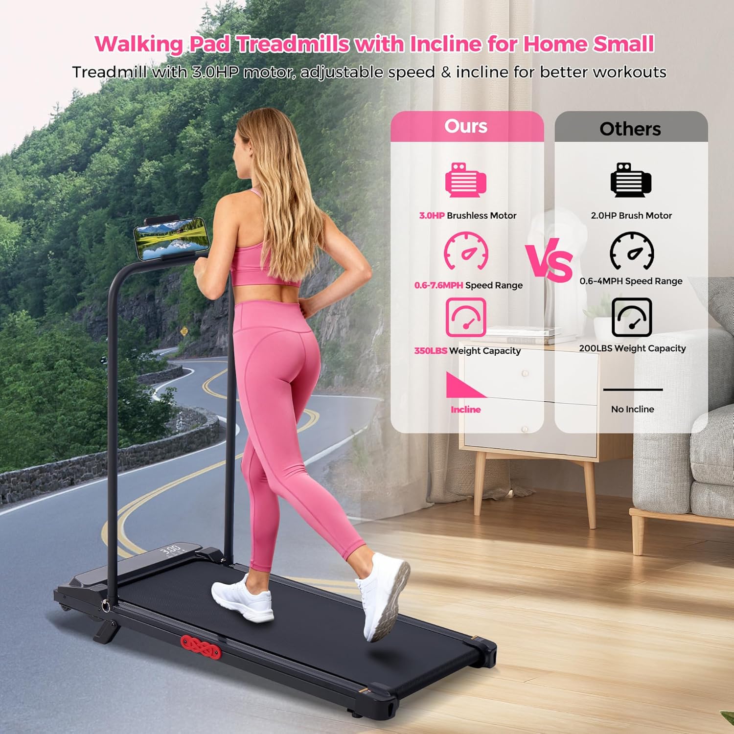 AUCT 20947 - $114 Compact Portable Walking Pad Treadmills with Handle Bar Incline Home - Image 3