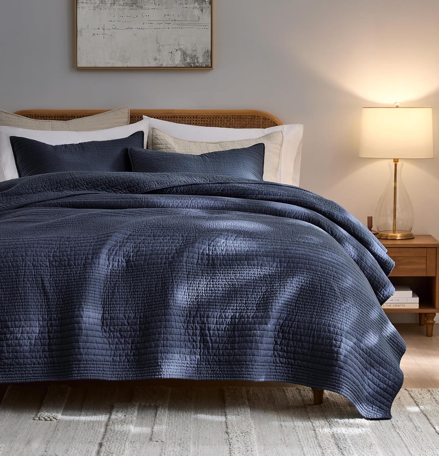 AUCT 20765 - $59 palassio Striped Navy Blue 100% Cotton Quilt King Size Bedding Sets, Lightweight Crink