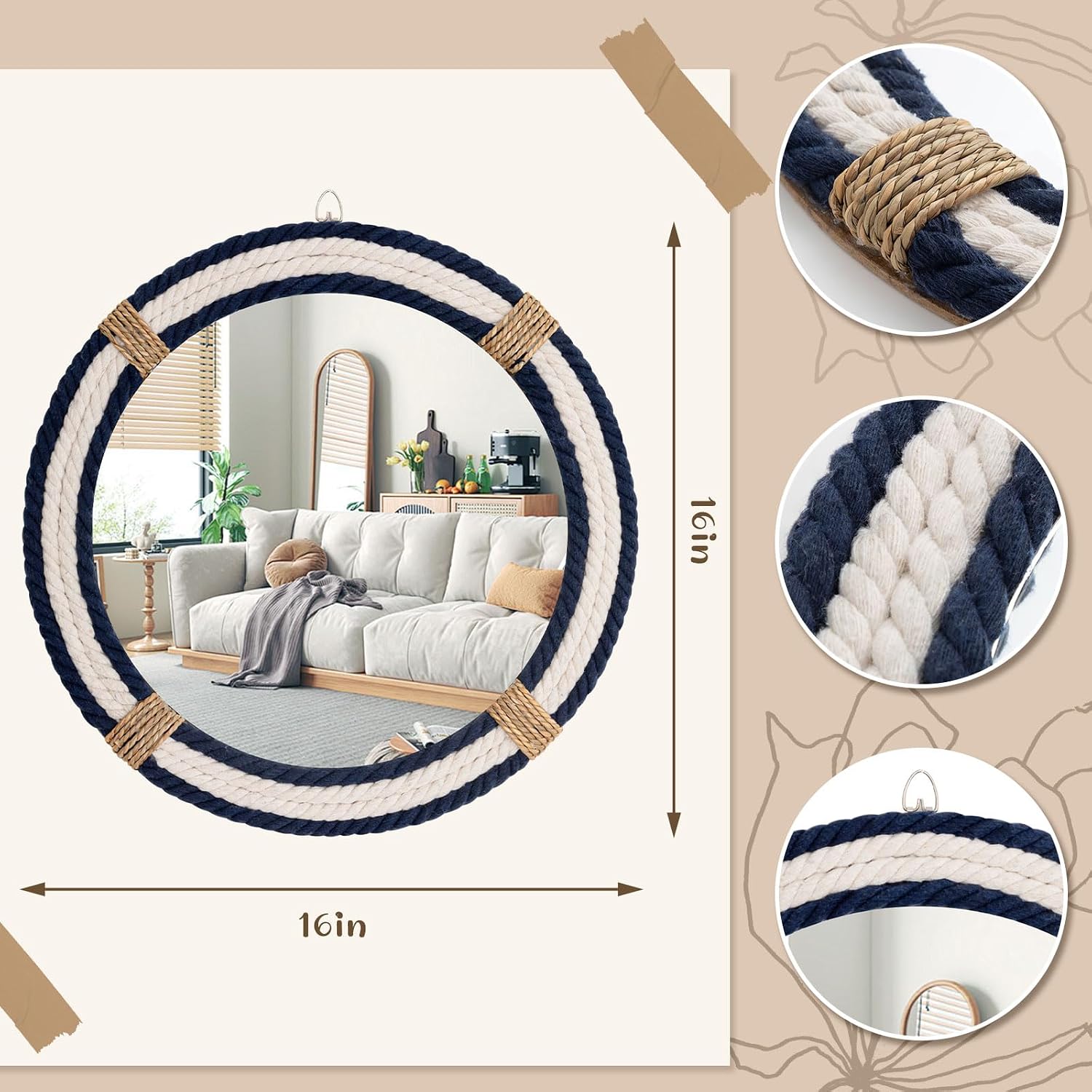 AUCT 22120 - $150 Vercraft Nautical Coastal Mirror 16" Wall Decor with Rope Wrapped Trim and Hanging Lo - Image 2