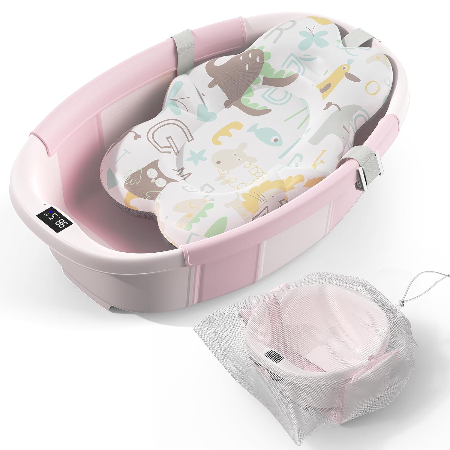 AUCT 21771 - Collapsible Baby Bathtub - Large Baby Bath Tub with Thermometer & Cushion | Travel Portabl