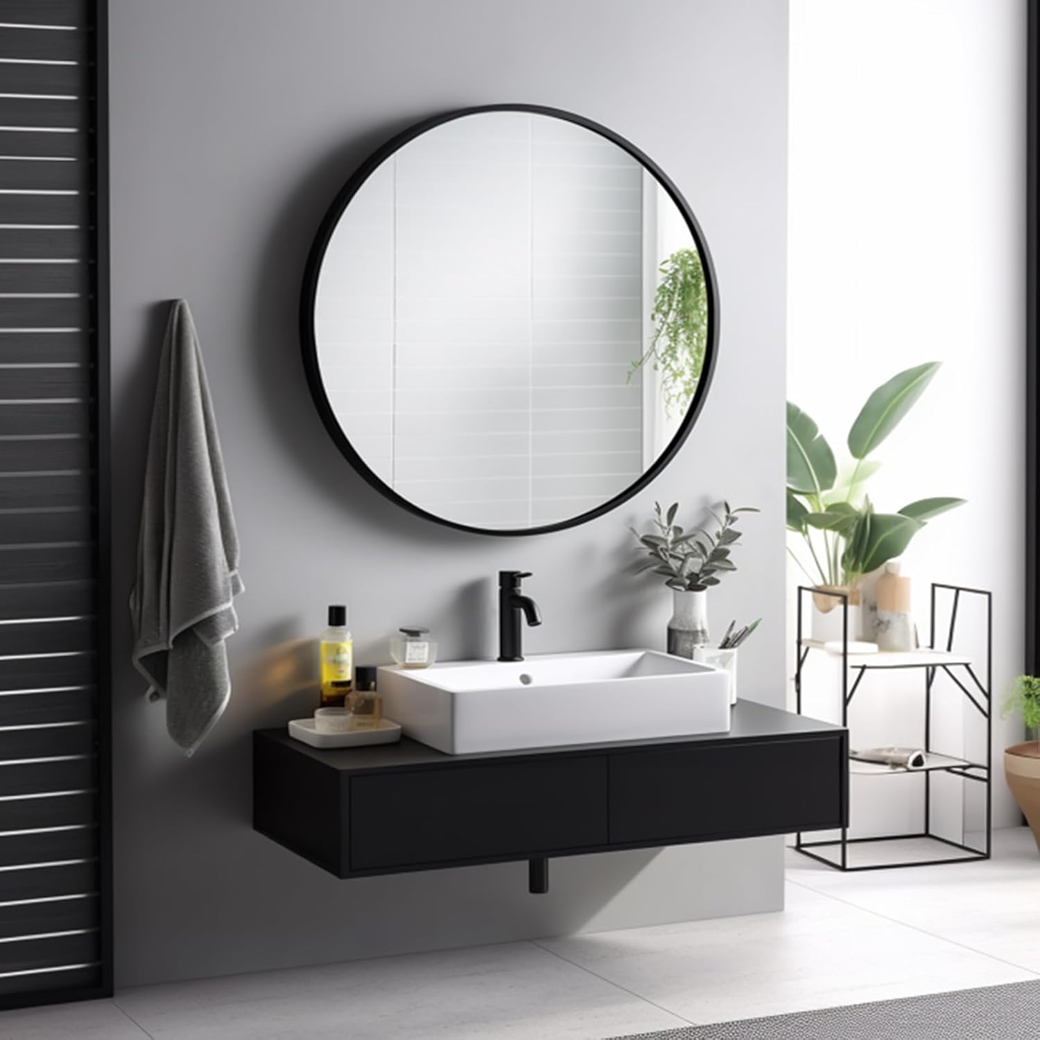 AUCT 22579m - $52 Sunniry Round Mirror 28 inch, Round Black Mirror, Matte Black Metal Frame - Image 3