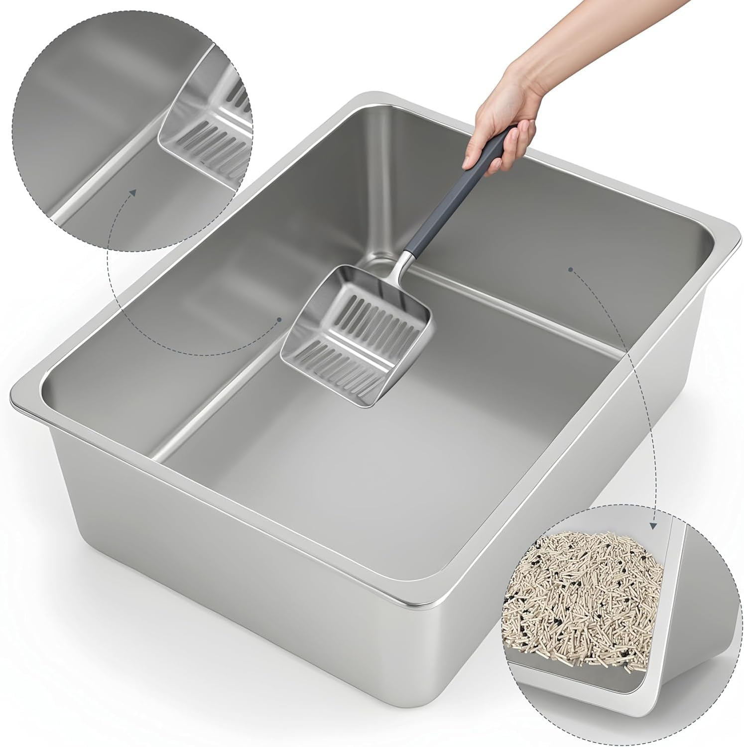 AUCT 20542 - Kirecoo Large High Sided Stainless Steel Cat Litter Box, Non-Stick - Image 3