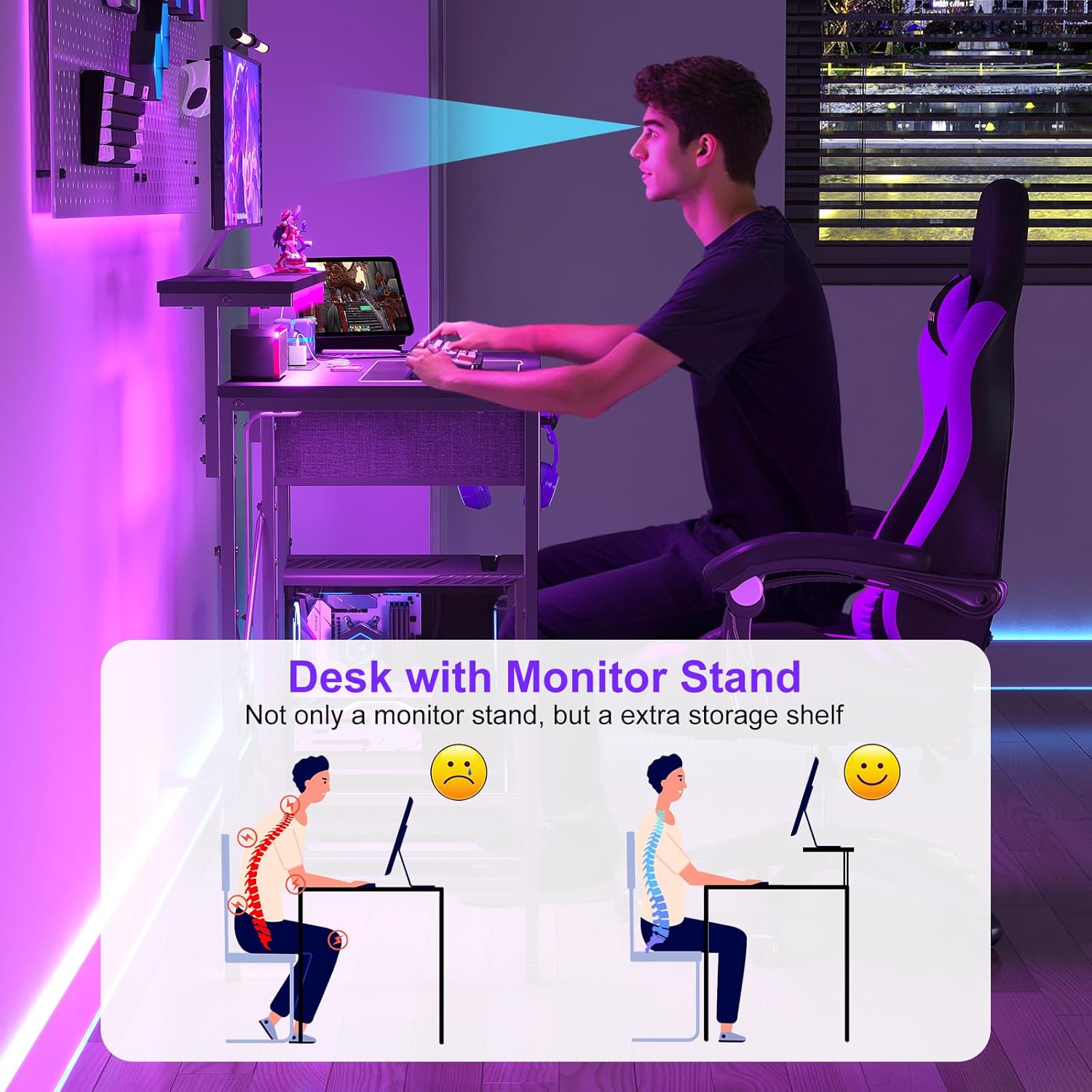 AUCT 21331 - $76 X-cosrack 33.5" Small Gaming Desk with LED Lights & Power Outlets, Compact Computer De - Image 4