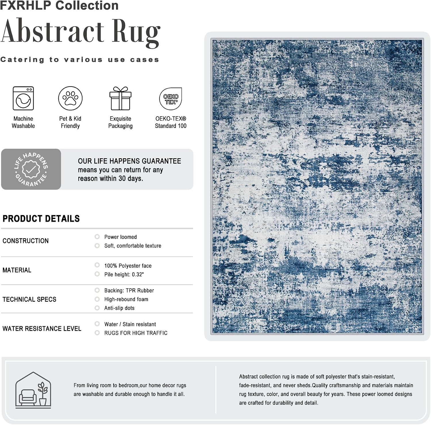 AUCT 20882 - $117 10x12 Area Rug Living Room: Modern Washable Indoor Soft Carpet Blue - Image 2