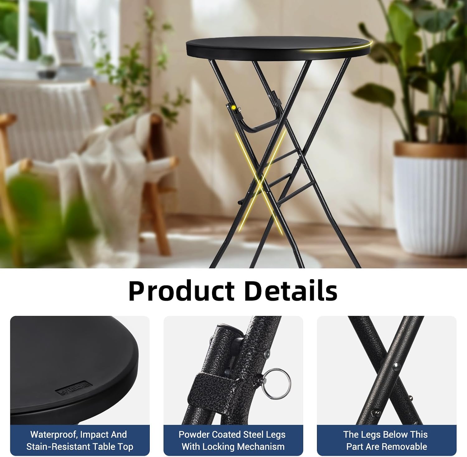AUCT 20991 - $71 Byliable 28in Cocktail Folding Table, Round High Top Bar Height Black Table - Image 4