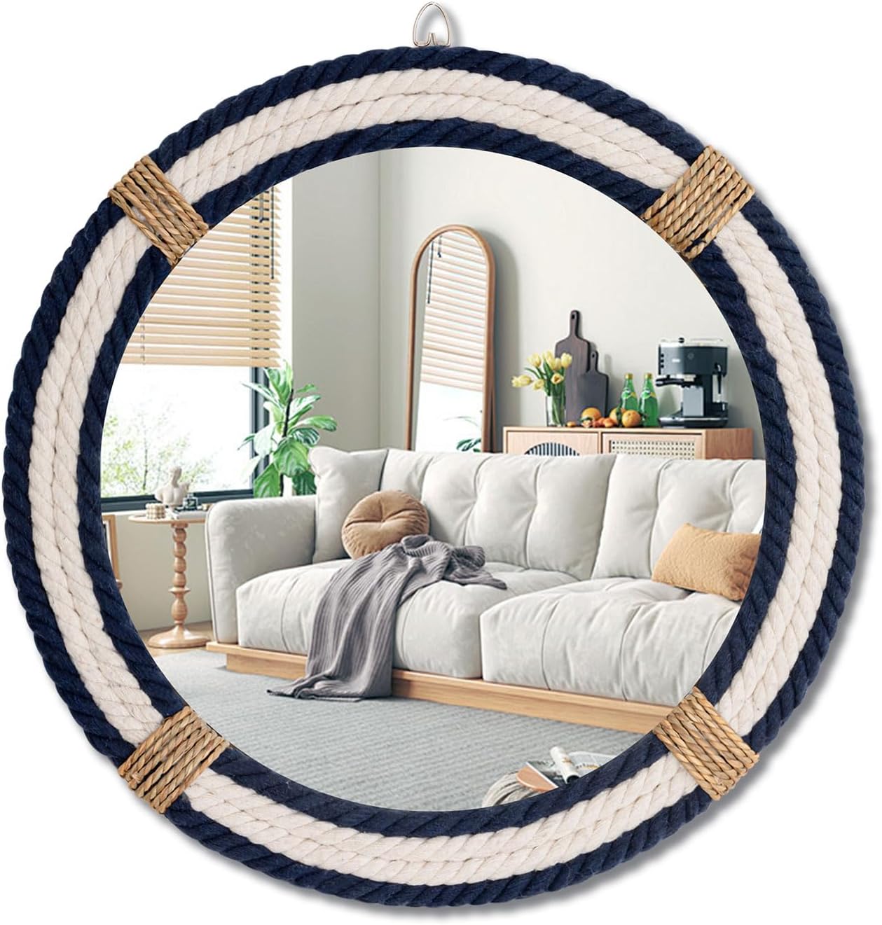 AUCT 22120 - $150 Vercraft Nautical Coastal Mirror 16" Wall Decor with Rope Wrapped Trim and Hanging Lo