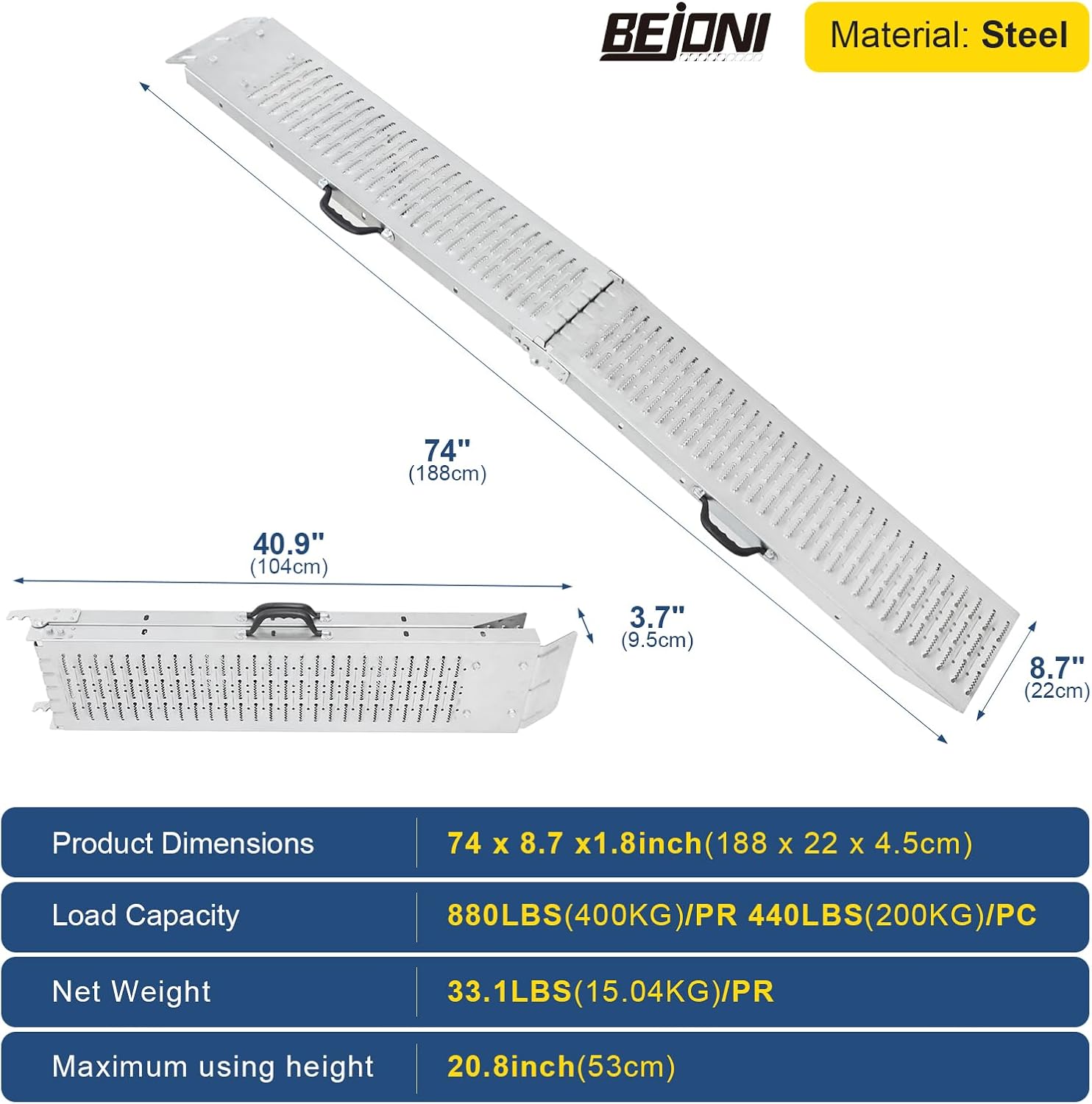 AUCT 21462 - $120 BEJONI 74" Folding Truck Ramps, 880 Lbs Capacity Steel Loading Ramps for Pickup Truck - Image 2