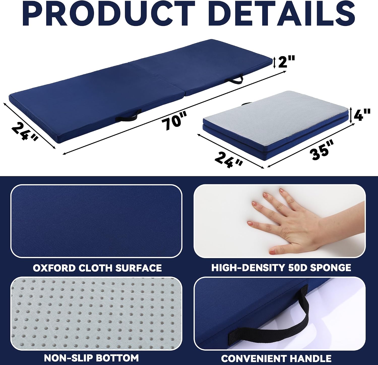 AUCT 21431 - $53 MABOZOO Fall Mats for Elderly, 70"*24"*2" Waterproof Bi-Fold Floor Mat Beveled Bedside - Image 2