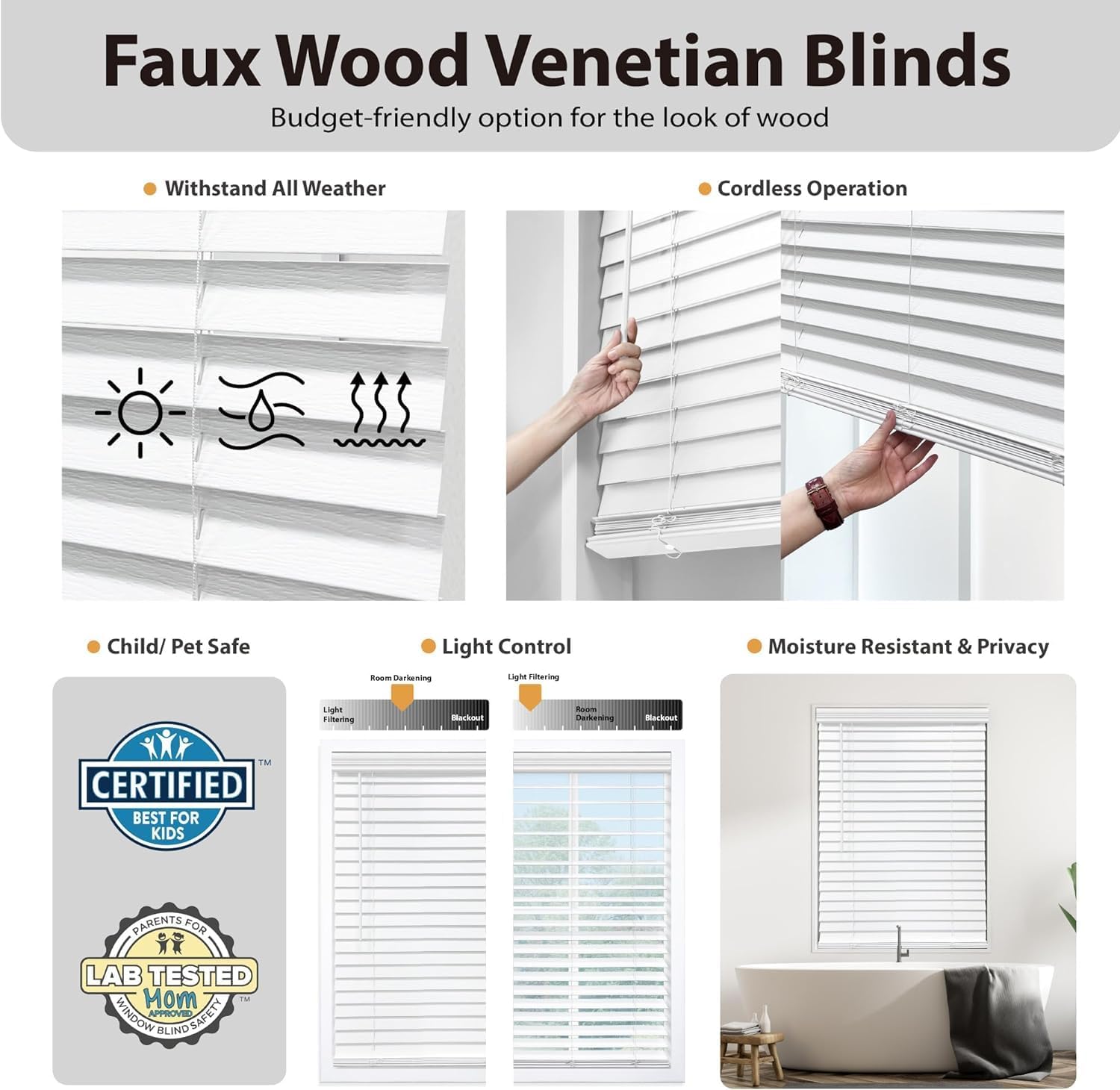 AUCT 22267 - DEZ FURNISHINGS Cordless 2" Signature Faux Wood Blind, 40" W x 60" H, Embossed White - Image 2