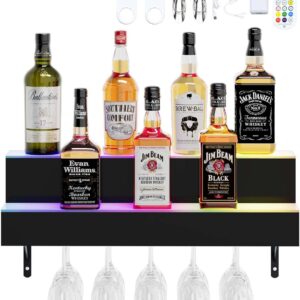AUCT 22349 - $150 Dethan 2 Tier 24 Inch LED Lighted Liquor Bottle Display Shelf - Wall-Mounted Wine Rac