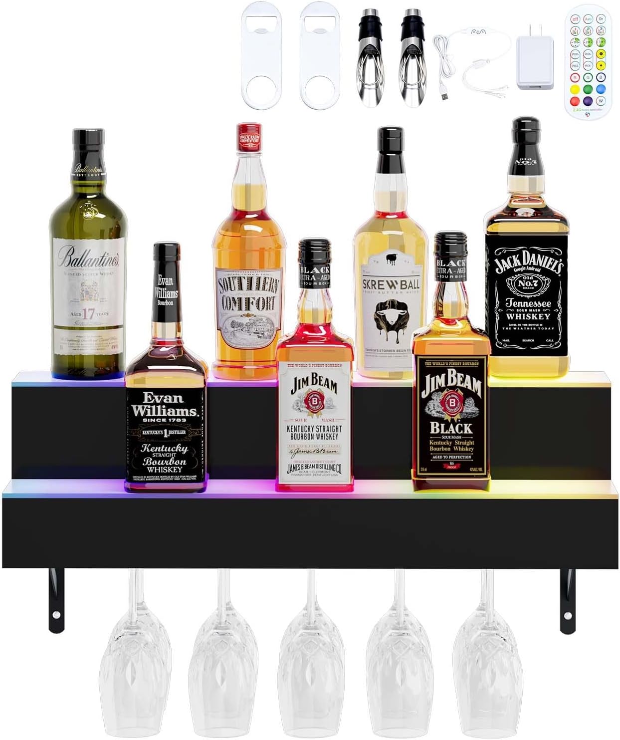 AUCT 22349 - $150 Dethan 2 Tier 24 Inch LED Lighted Liquor Bottle Display Shelf - Wall-Mounted Wine Rac