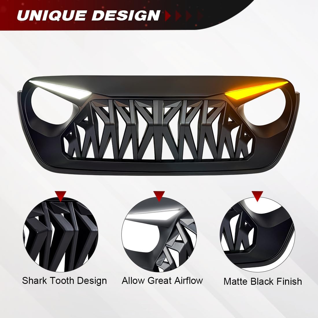 AUCT 22648 - $155 Front Shark Grille Compatible with 2018-2025 Jeep Wrangler JL JLU Gladiator JT, w/DRL - Image 4